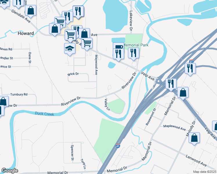 map of restaurants, bars, coffee shops, grocery stores, and more near 2112 Riverview Drive in Green Bay