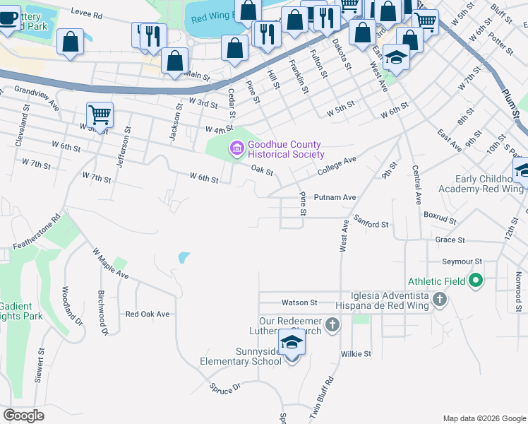 map of restaurants, bars, coffee shops, grocery stores, and more near 1165 Golf Ridge Circle in Red Wing
