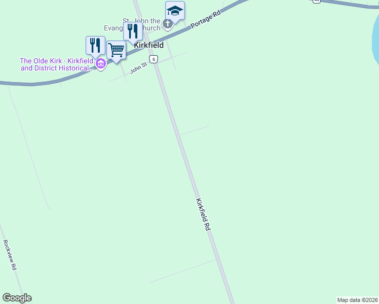 map of restaurants, bars, coffee shops, grocery stores, and more near Kirkfield Road in Kirkfield