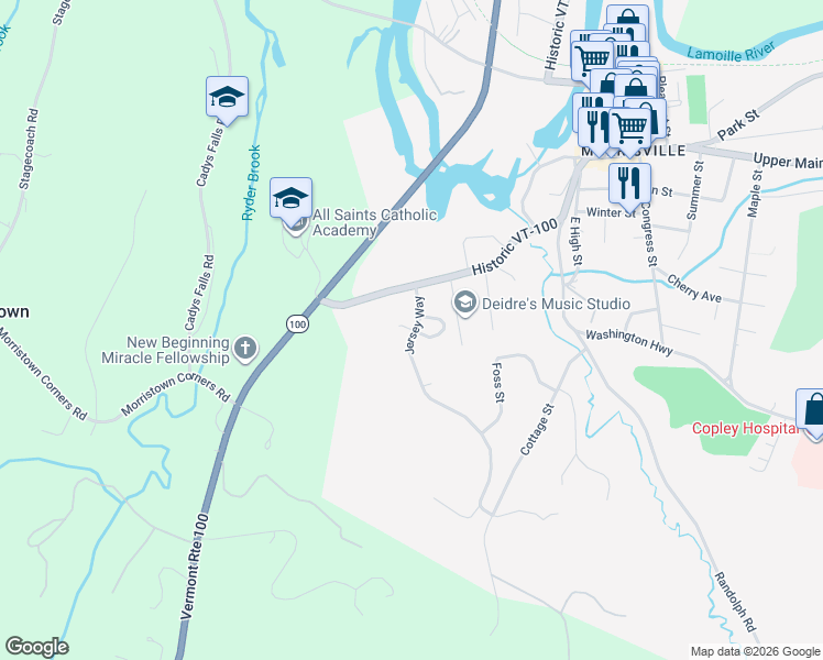 map of restaurants, bars, coffee shops, grocery stores, and more near 108 Jersey Way in Morristown