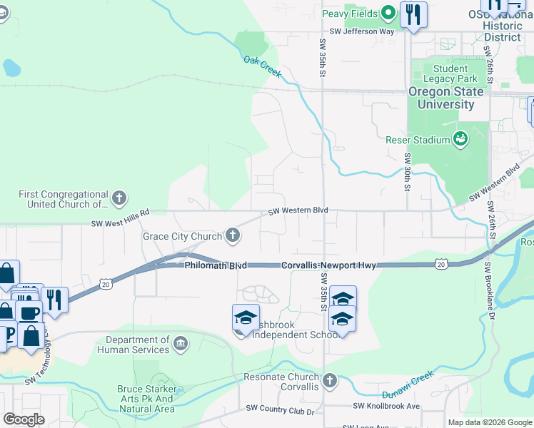 map of restaurants, bars, coffee shops, grocery stores, and more near 3885 Southwest Western Boulevard in Corvallis