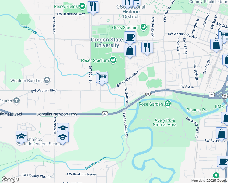 map of restaurants, bars, coffee shops, grocery stores, and more near 2835 Southwest Western Boulevard in Corvallis