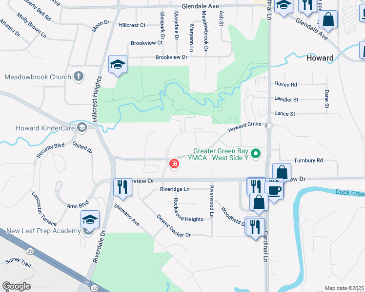 map of restaurants, bars, coffee shops, grocery stores, and more near 2800 Howard Commons in Howard