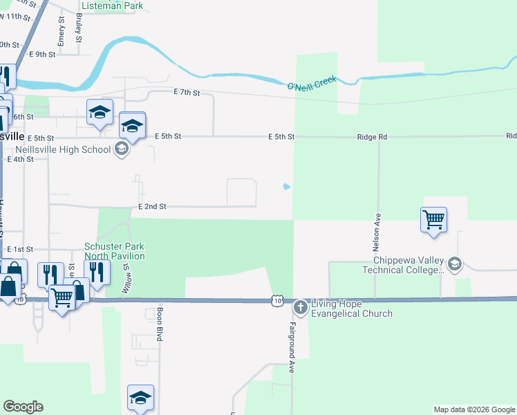 map of restaurants, bars, coffee shops, grocery stores, and more near 206 Ridge Road in Neillsville