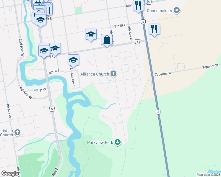 map of restaurants, bars, coffee shops, grocery stores, and more near 614 4th Street East in Owen Sound