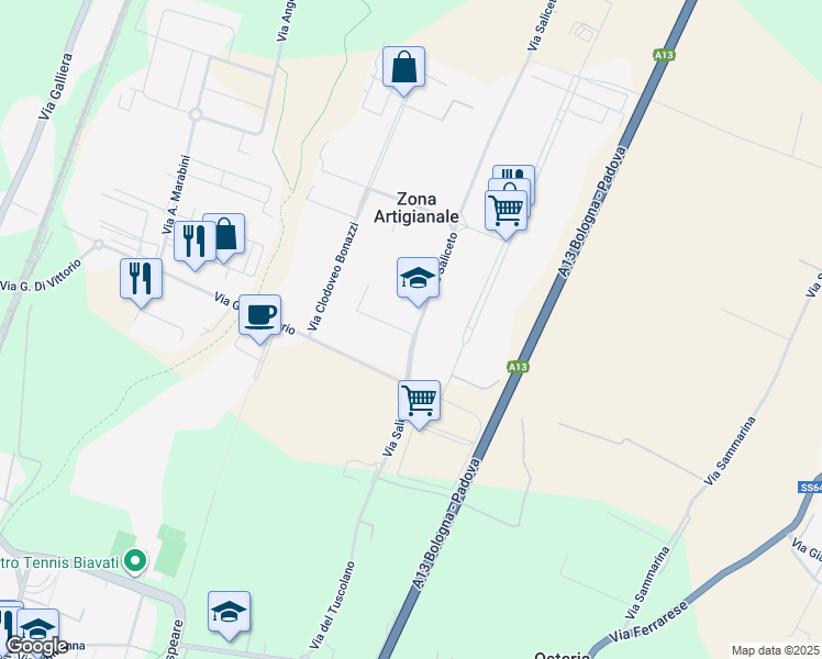 map of restaurants, bars, coffee shops, grocery stores, and more near 22 Via Saliceto in Zona Artigianale