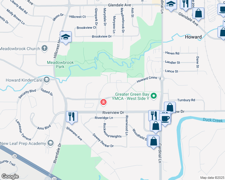 map of restaurants, bars, coffee shops, grocery stores, and more near 2800 Howard Commons in Howard