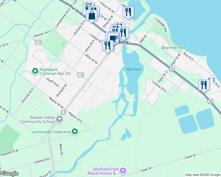 map of restaurants, bars, coffee shops, grocery stores, and more near 98 Moore Crescent in Thornbury