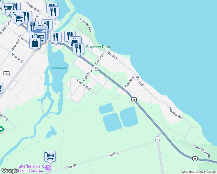 map of restaurants, bars, coffee shops, grocery stores, and more near 74 Arthur Street East in Thornbury