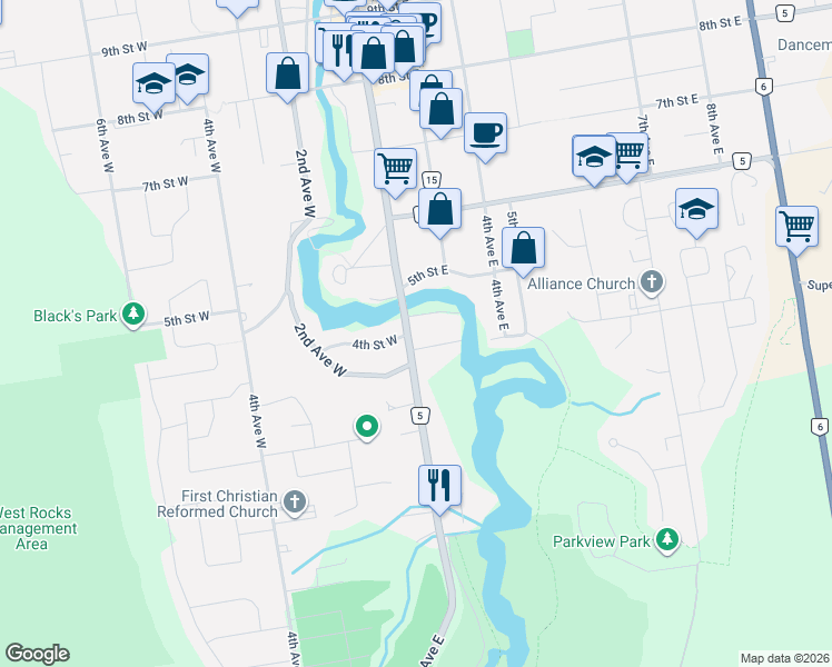 map of restaurants, bars, coffee shops, grocery stores, and more near 425 2nd Avenue East in Owen Sound
