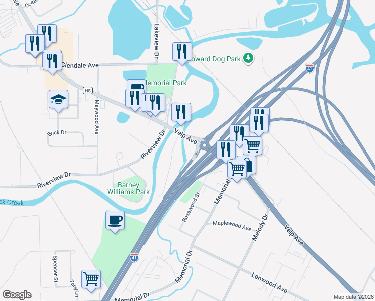 map of restaurants, bars, coffee shops, grocery stores, and more near 1975 Velp Avenue in Green Bay