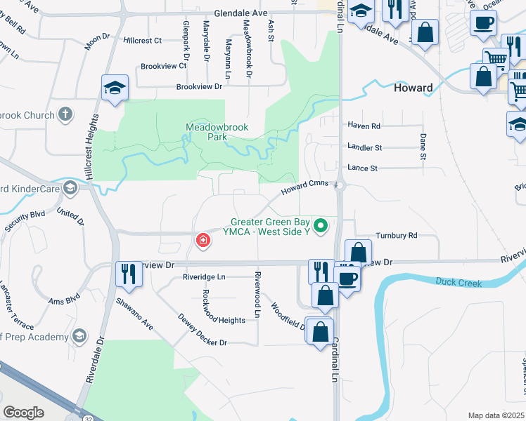 map of restaurants, bars, coffee shops, grocery stores, and more near 2655 Howard Commons in Howard