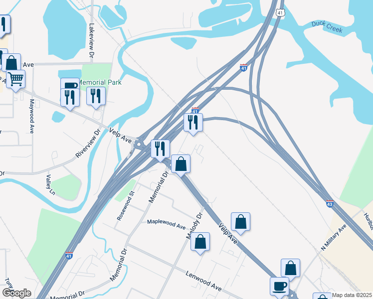 map of restaurants, bars, coffee shops, grocery stores, and more near 740 N Memorial Dr in Green Bay