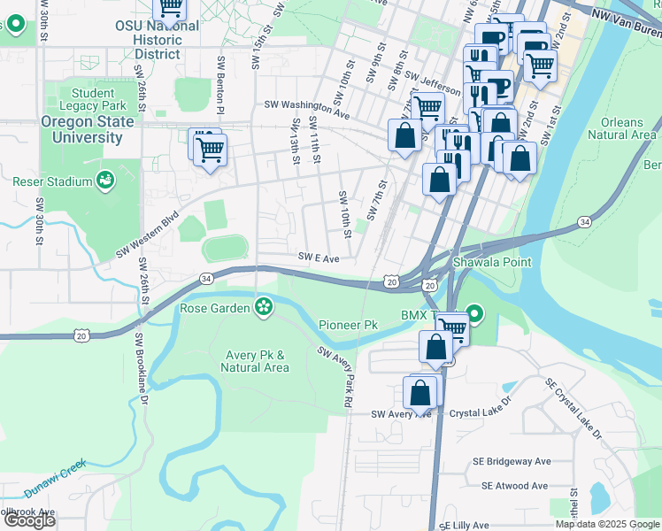 map of restaurants, bars, coffee shops, grocery stores, and more near 1072 Southwest E Avenue in Corvallis