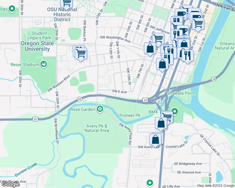 map of restaurants, bars, coffee shops, grocery stores, and more near 1075 Southwest 13th Street in Corvallis