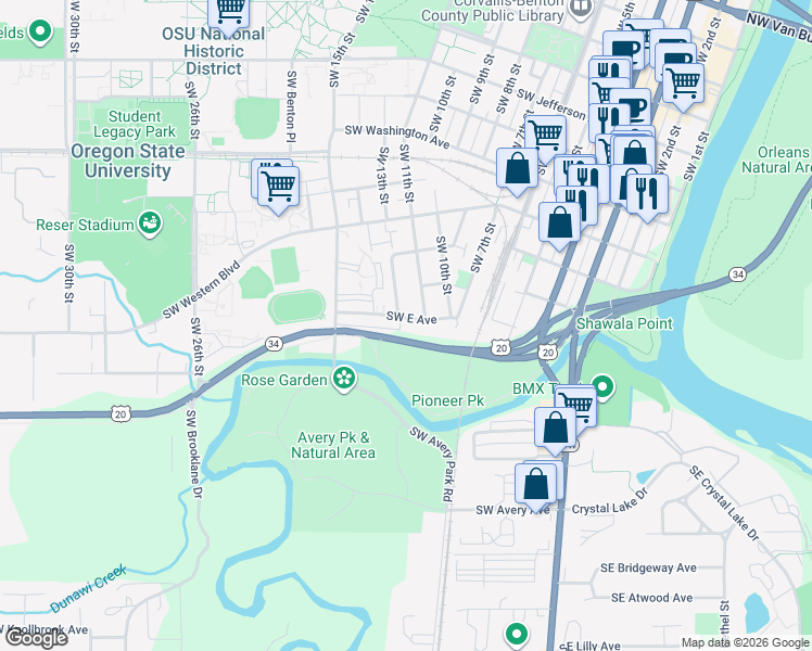 map of restaurants, bars, coffee shops, grocery stores, and more near 1250 Southwest E Avenue in Corvallis