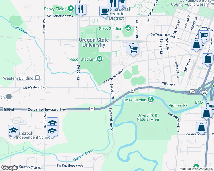 map of restaurants, bars, coffee shops, grocery stores, and more near 875 Southwest 26th Street in Corvallis