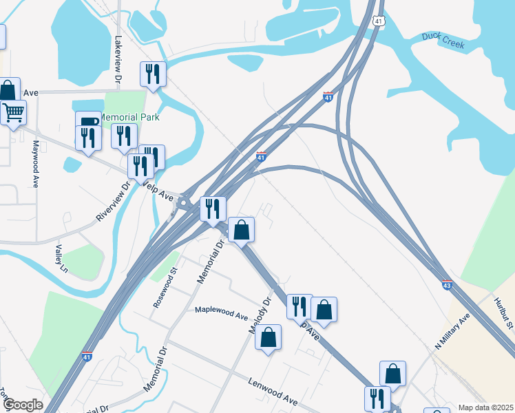 map of restaurants, bars, coffee shops, grocery stores, and more near 740 N Memorial Dr in Green Bay