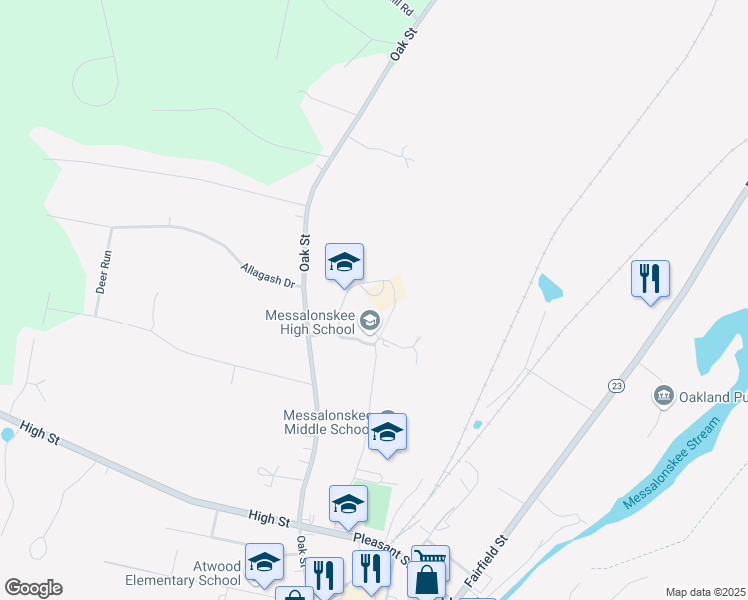 map of restaurants, bars, coffee shops, grocery stores, and more near 131 Messalonskee High Drive in Oakland
