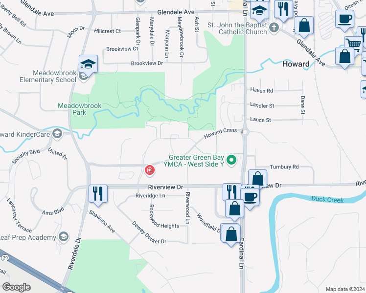 map of restaurants, bars, coffee shops, grocery stores, and more near 2750 Howard Commons in Howard