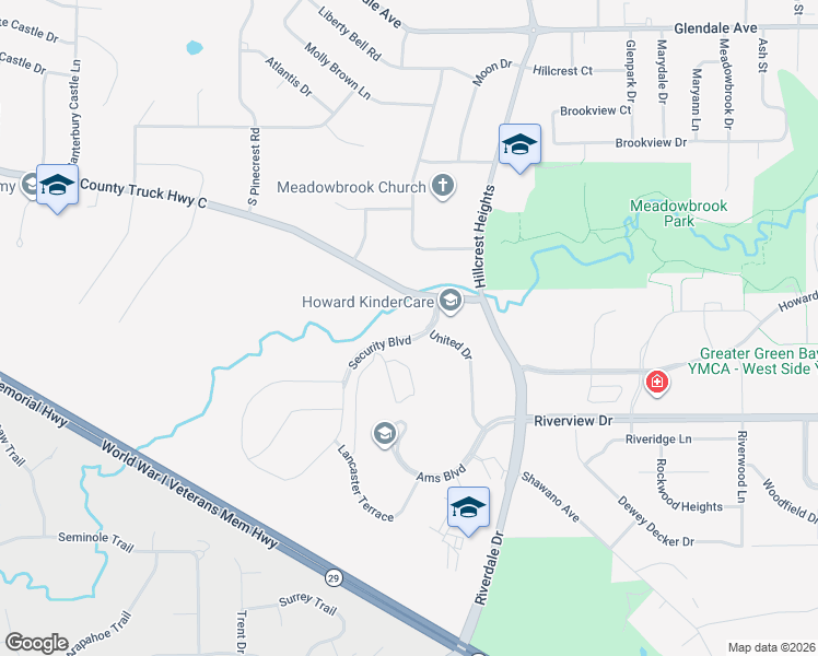 map of restaurants, bars, coffee shops, grocery stores, and more near 600 Security Boulevard in Green Bay