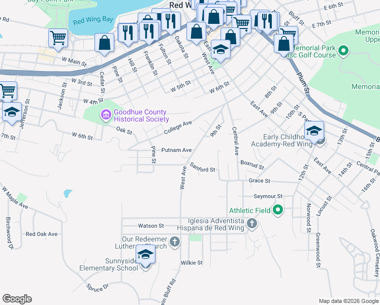 map of restaurants, bars, coffee shops, grocery stores, and more near 932 West Avenue in Red Wing