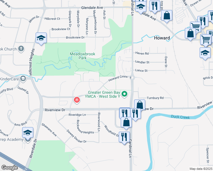 map of restaurants, bars, coffee shops, grocery stores, and more near 2655 Howard Commons in Howard