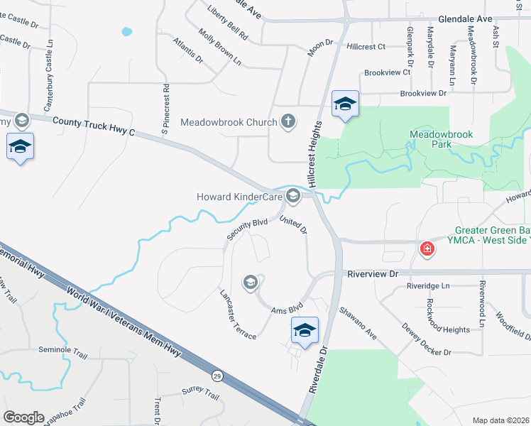 map of restaurants, bars, coffee shops, grocery stores, and more near 600 Security Boulevard in Green Bay