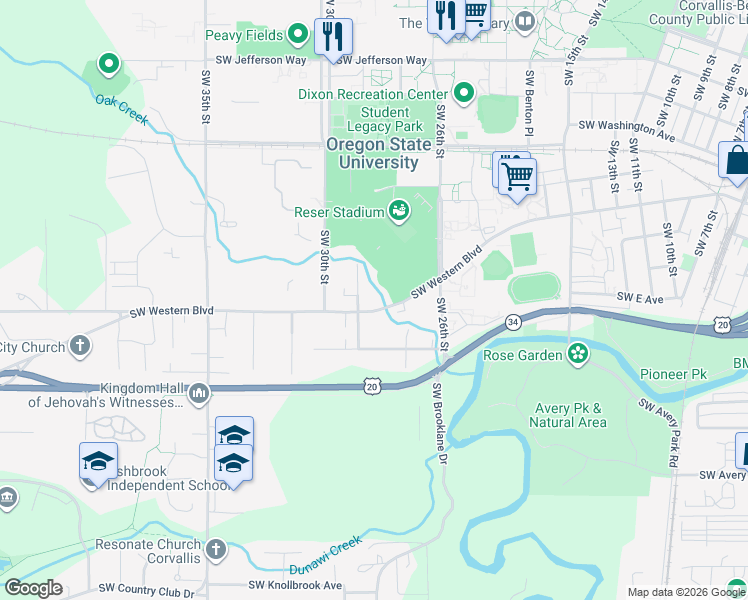 map of restaurants, bars, coffee shops, grocery stores, and more near 2835 Southwest Western Boulevard in Corvallis