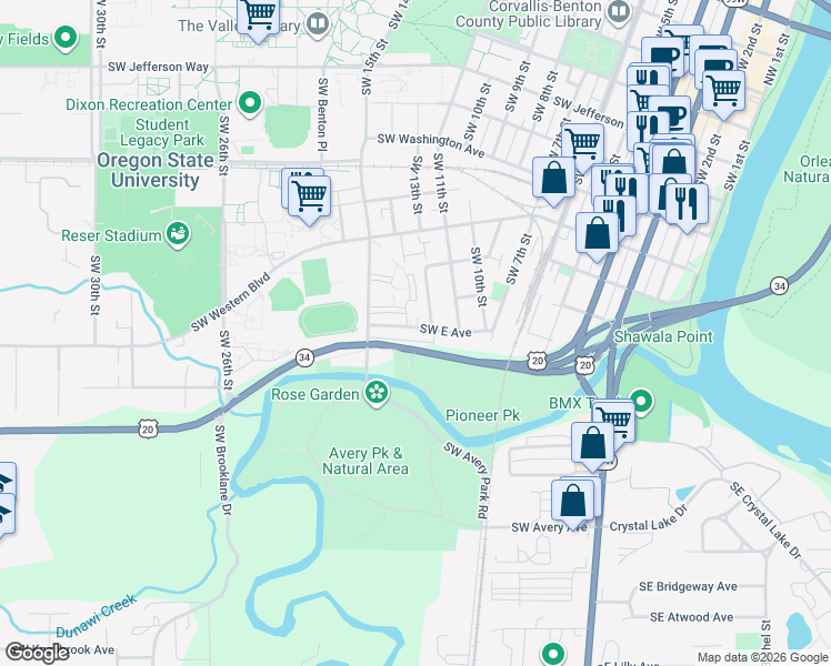 map of restaurants, bars, coffee shops, grocery stores, and more near 1300 Southwest E Avenue in Corvallis