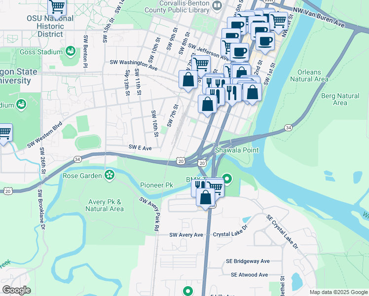 map of restaurants, bars, coffee shops, grocery stores, and more near 844 Southwest 5th Street in Corvallis