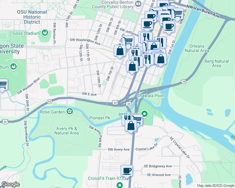 map of restaurants, bars, coffee shops, grocery stores, and more near 834 Southwest 5th Street in Corvallis