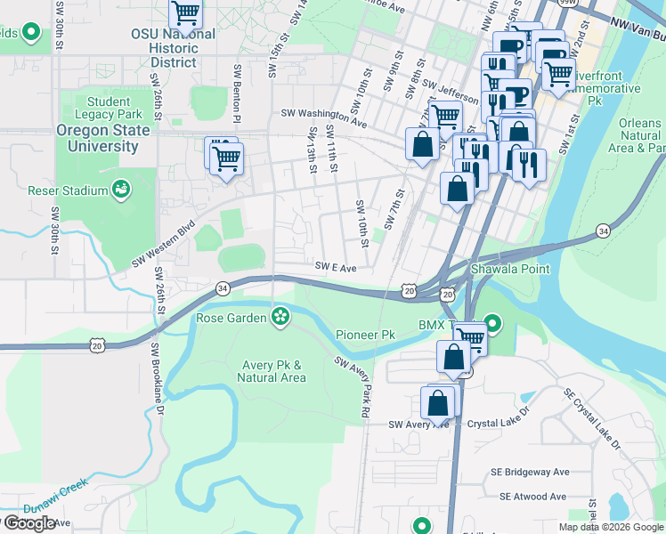 map of restaurants, bars, coffee shops, grocery stores, and more near 1075 Southwest 13th Street in Corvallis