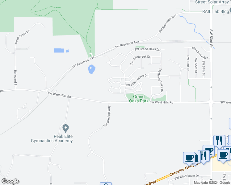 map of restaurants, bars, coffee shops, grocery stores, and more near 6300 Southwest Grand Oaks Drive in Corvallis