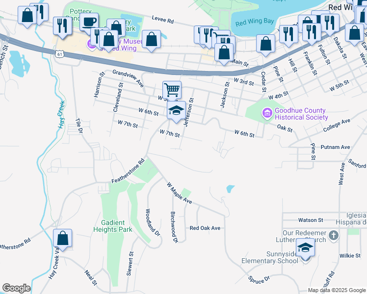 map of restaurants, bars, coffee shops, grocery stores, and more near 716 Jefferson Street in Red Wing