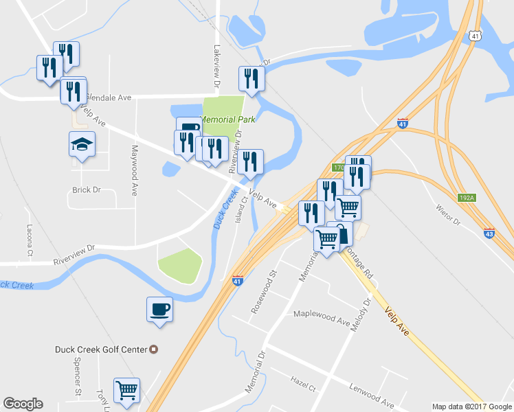 map of restaurants, bars, coffee shops, grocery stores, and more near 1975 Velp Ave in Green Bay