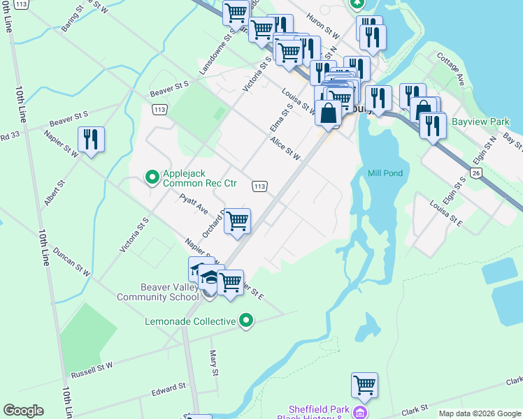 map of restaurants, bars, coffee shops, grocery stores, and more near 112 Bruce Street South in Thornbury
