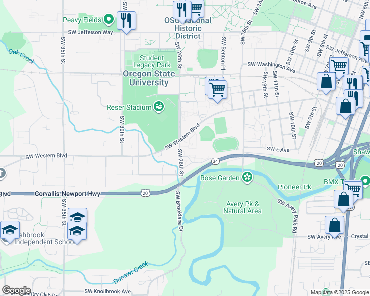 map of restaurants, bars, coffee shops, grocery stores, and more near 1115 Southwest 26th Street in Corvallis