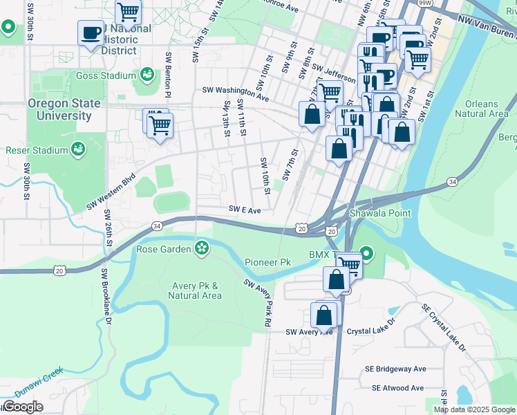 map of restaurants, bars, coffee shops, grocery stores, and more near 1050 Southwest E Avenue in Corvallis