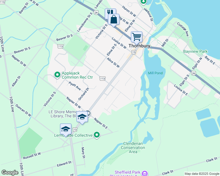 map of restaurants, bars, coffee shops, grocery stores, and more near 103 Bruce Street South in Thornbury