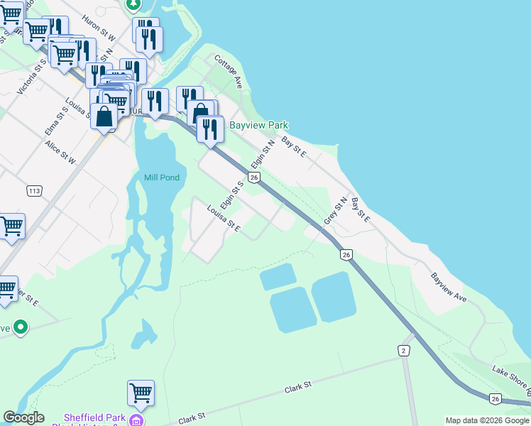 map of restaurants, bars, coffee shops, grocery stores, and more near 138 Arthur Street East in Thornbury