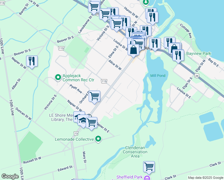 map of restaurants, bars, coffee shops, grocery stores, and more near 103 Bruce Street South in Thornbury