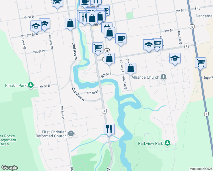 map of restaurants, bars, coffee shops, grocery stores, and more near 229 4th Street 'A' East in Owen Sound