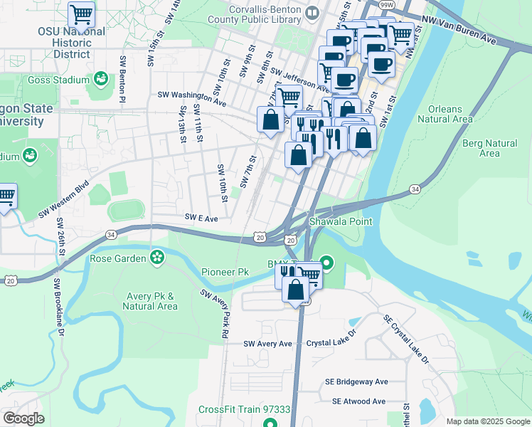 map of restaurants, bars, coffee shops, grocery stores, and more near 834 Southwest 5th Street in Corvallis