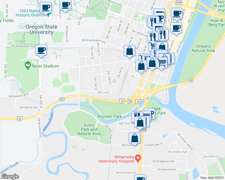 map of restaurants, bars, coffee shops, grocery stores, and more near 1050 Southwest E Avenue in Corvallis