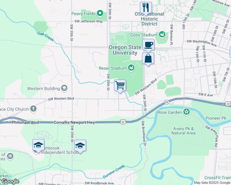 map of restaurants, bars, coffee shops, grocery stores, and more near 840 Southwest Grove Street in Corvallis