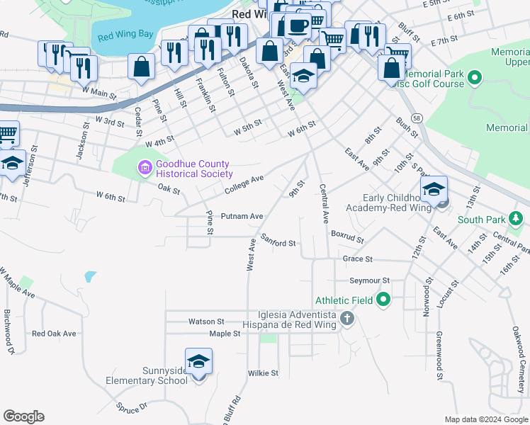 map of restaurants, bars, coffee shops, grocery stores, and more near 932 West Avenue in Red Wing