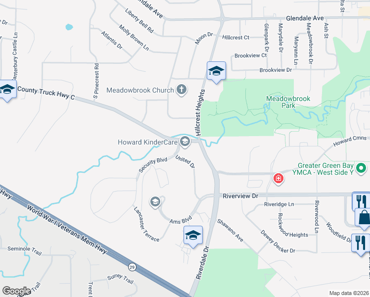 map of restaurants, bars, coffee shops, grocery stores, and more near 600 Security Boulevard in Green Bay