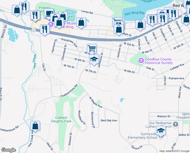 map of restaurants, bars, coffee shops, grocery stores, and more near 716 Jefferson Street in Red Wing