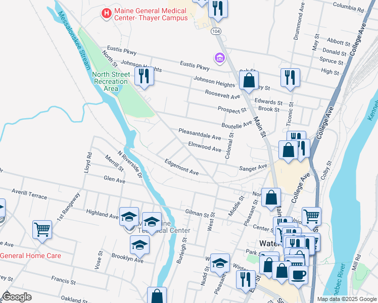 map of restaurants, bars, coffee shops, grocery stores, and more near 77 North Street in Waterville